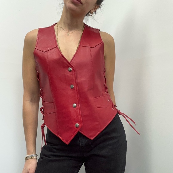 Vintage Jackets & Blazers - Vintage 90s Red Lace Up Leather Biker Vest Snap Front Size M